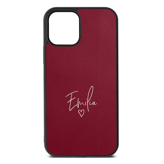 White Handwritten Name Transparent Wine Red Saffiano Leather iPhone 12 Case