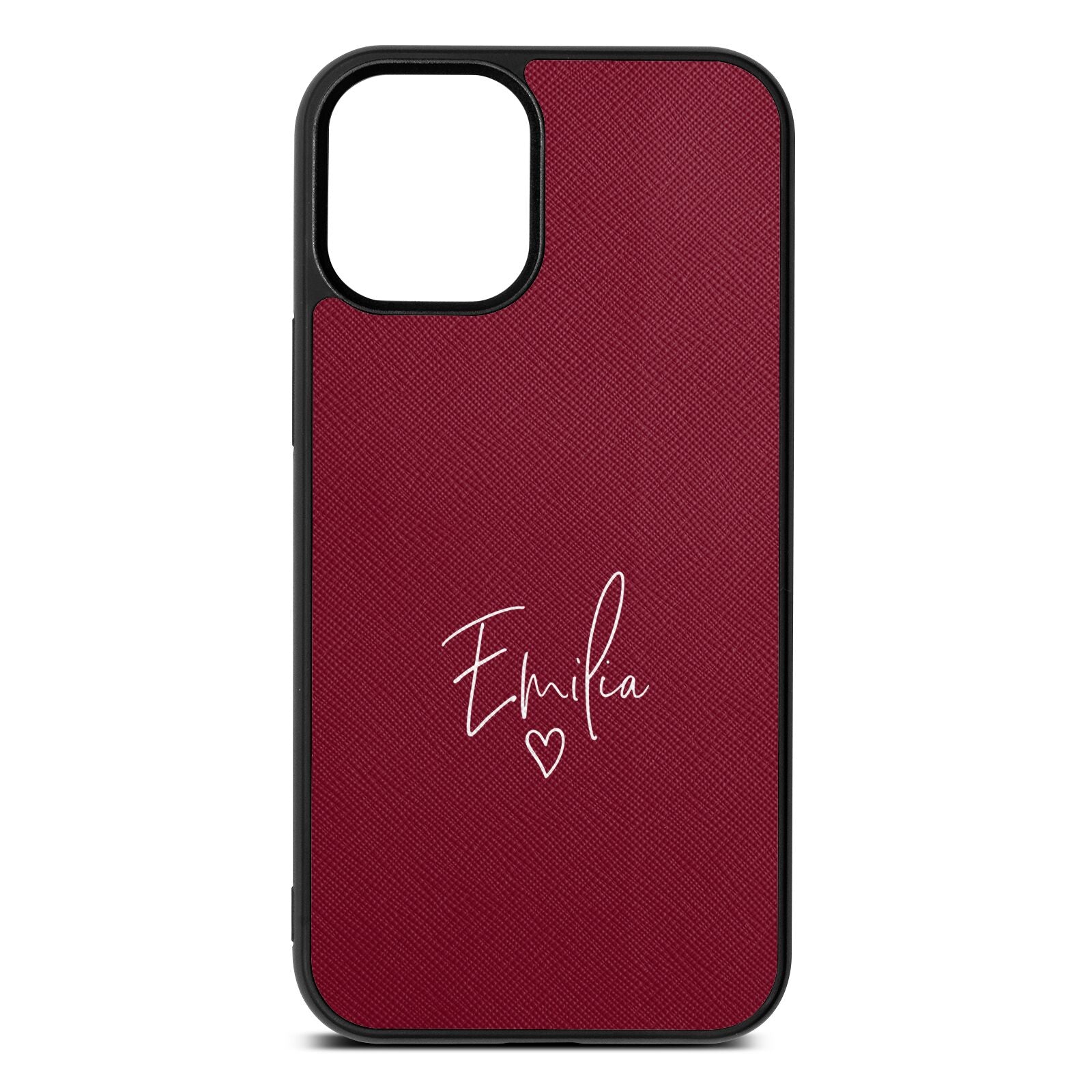 White Handwritten Name Transparent Wine Red Saffiano Leather iPhone 12 Mini Case