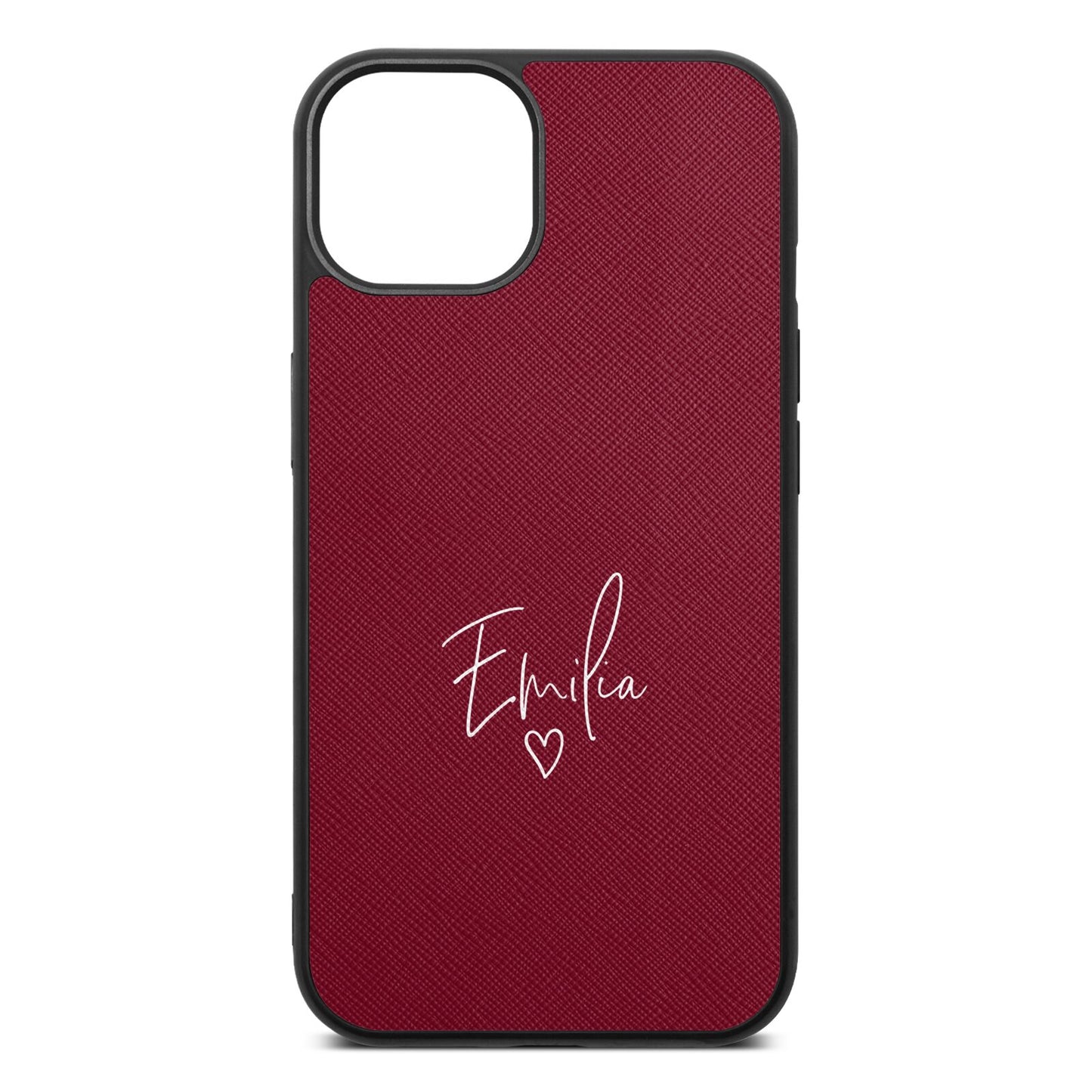 White Handwritten Name Transparent Wine Red Saffiano Leather iPhone 13 Case