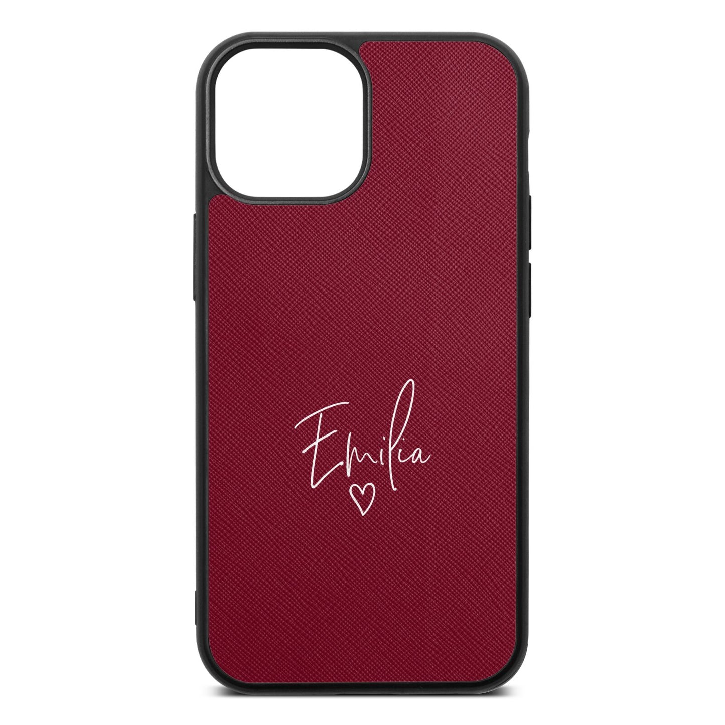 White Handwritten Name Transparent Wine Red Saffiano Leather iPhone 13 Mini Case