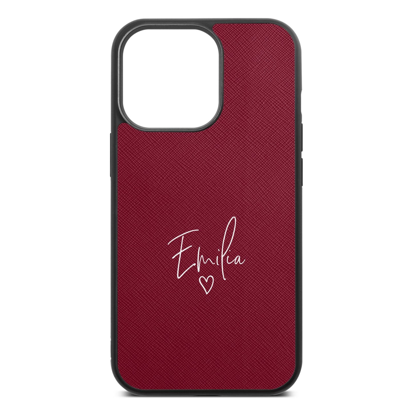 White Handwritten Name Transparent Wine Red Saffiano Leather iPhone 13 Pro Case
