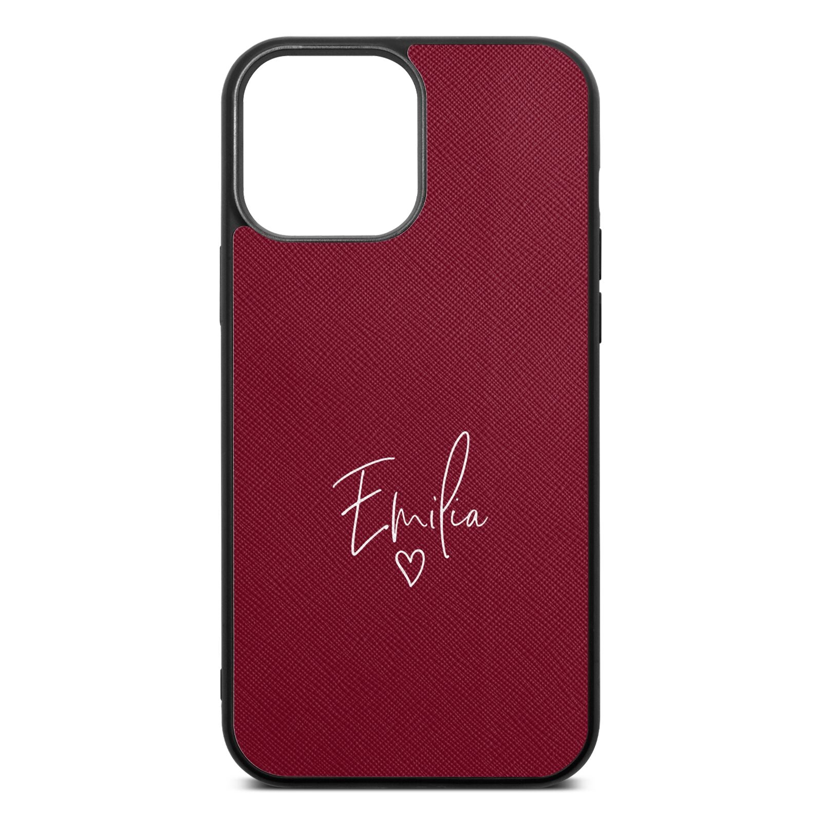 White Handwritten Name Transparent Wine Red Saffiano Leather iPhone 13 Pro Max Case