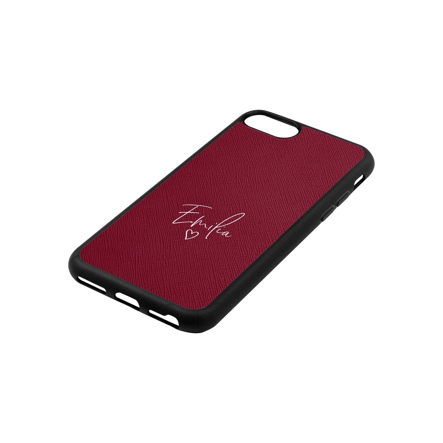 White Handwritten Name Transparent Wine Red Saffiano Leather iPhone 8 Case Side Angle