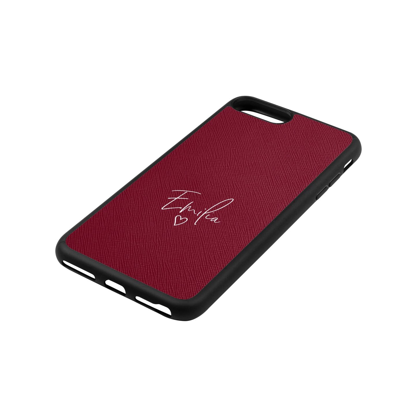 White Handwritten Name Transparent Wine Red Saffiano Leather iPhone 8 Plus Case Side Angle