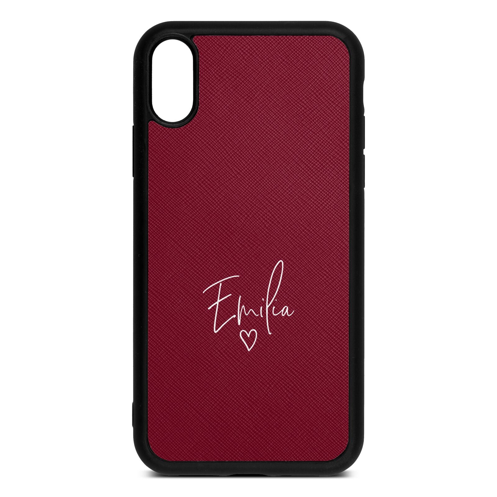 White Handwritten Name Transparent Wine Red Saffiano Leather iPhone Xr Case