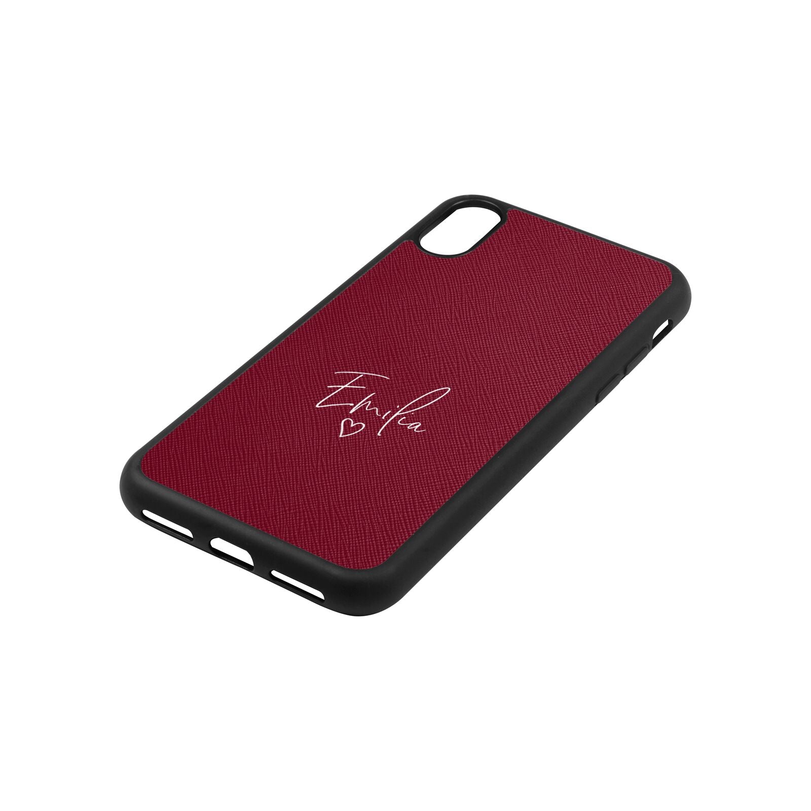 White Handwritten Name Transparent Wine Red Saffiano Leather iPhone Xs Case Side Angle