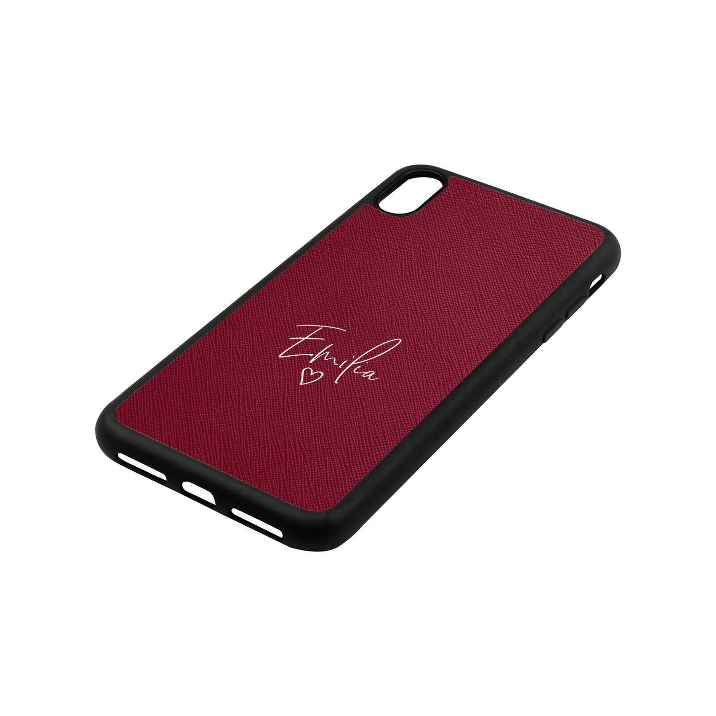 White Handwritten Name Transparent Wine Red Saffiano Leather iPhone Xs Max Case Side Angle