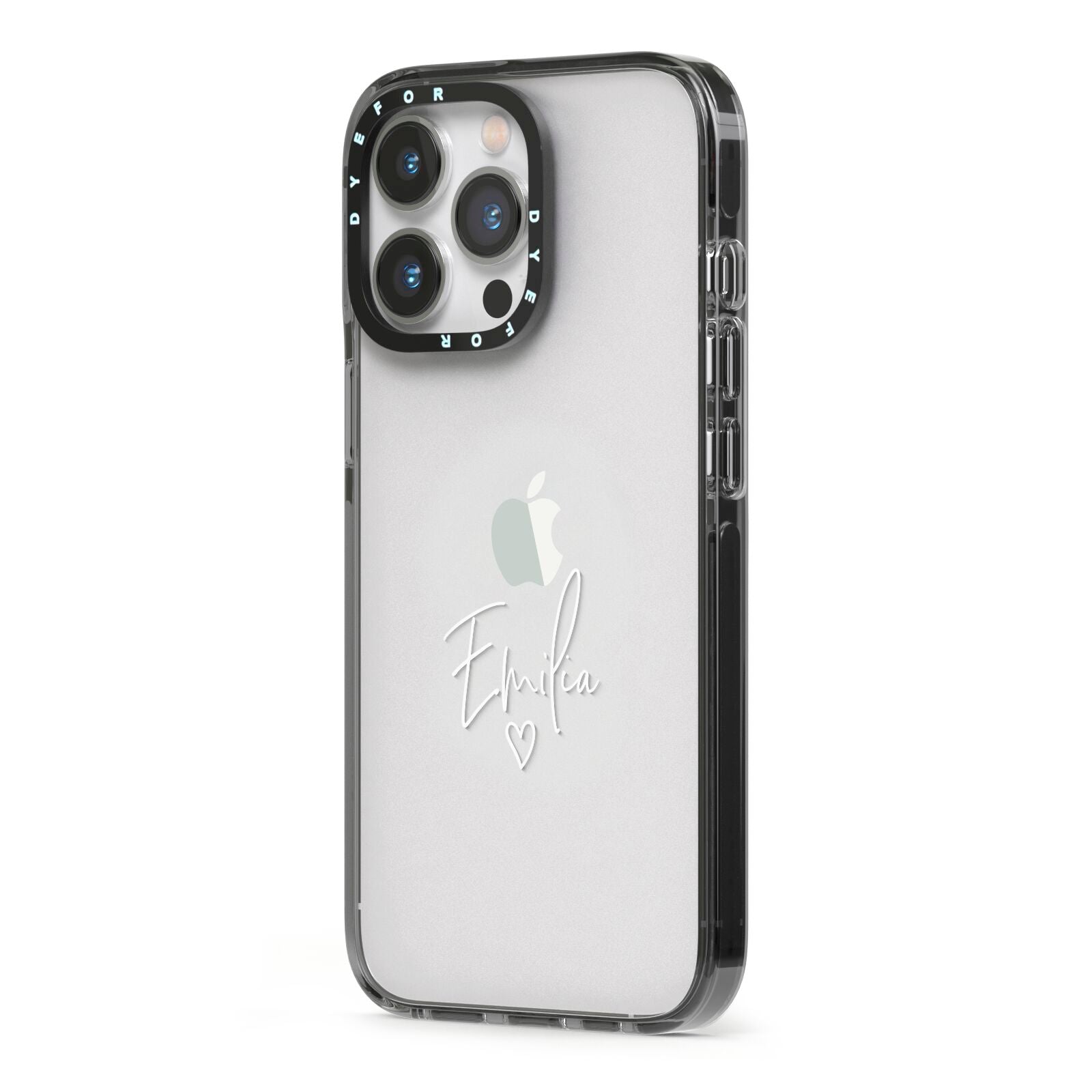 White Handwritten Name Transparent iPhone 13 Pro Black Impact Case Side Angle on Silver phone