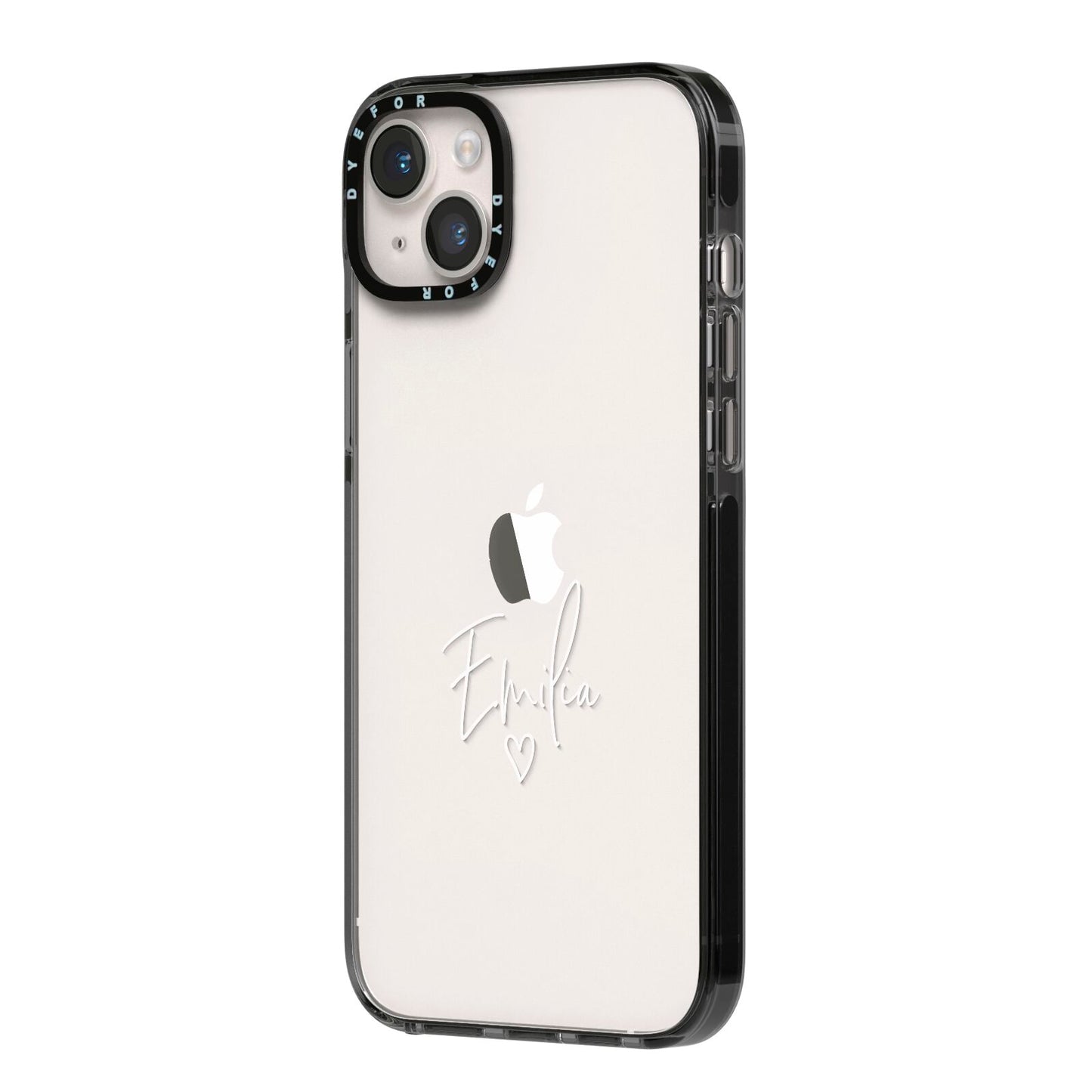 White Handwritten Name Transparent iPhone 14 Plus Black Impact Case Side Angle on Silver phone
