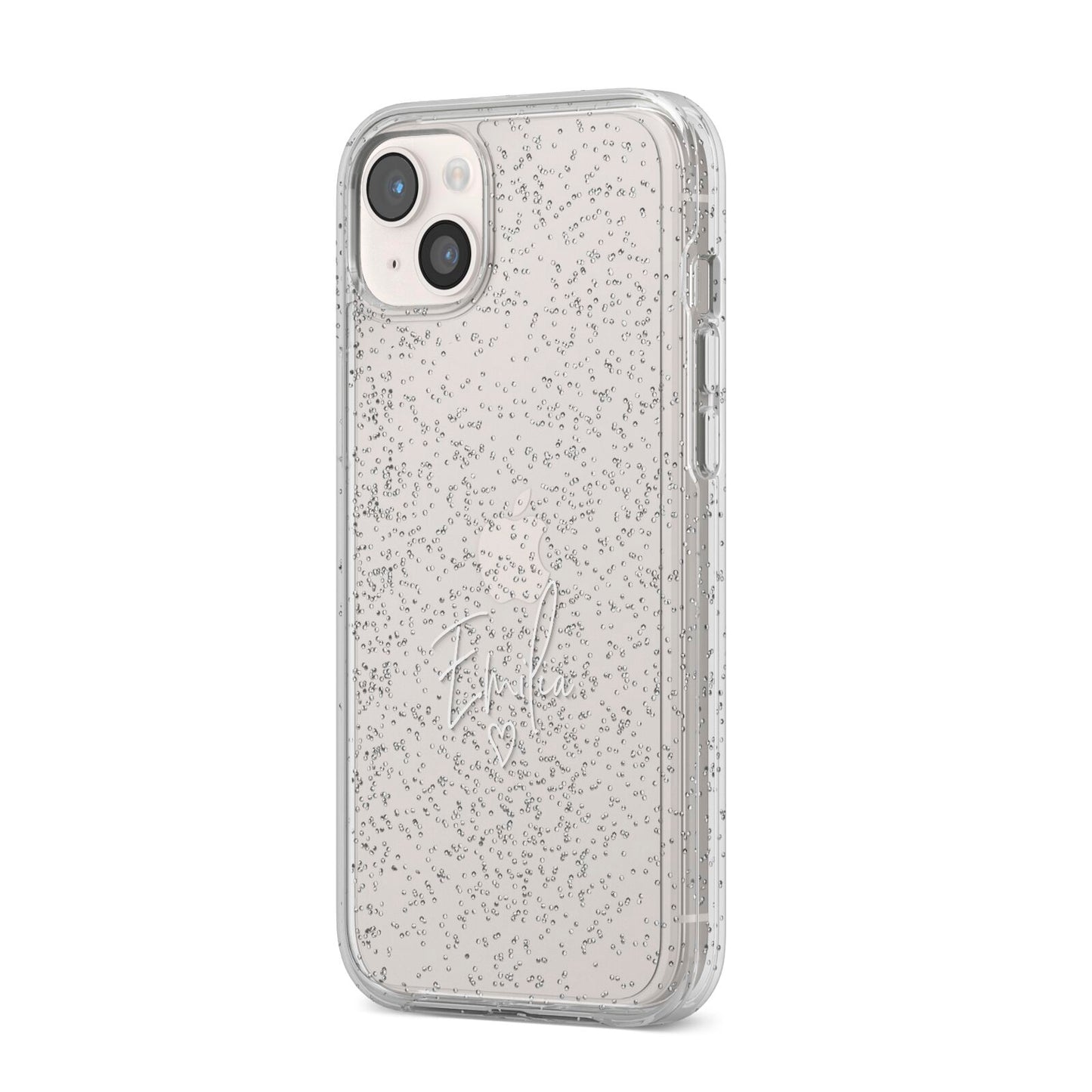 White Handwritten Name Transparent iPhone 14 Plus Glitter Tough Case Starlight Angled Image