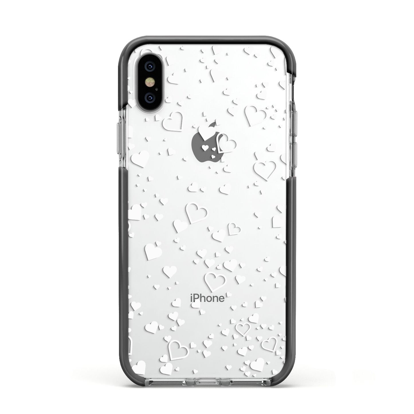 White Heart Apple iPhone Xs Impact Case Black Edge on Silver Phone