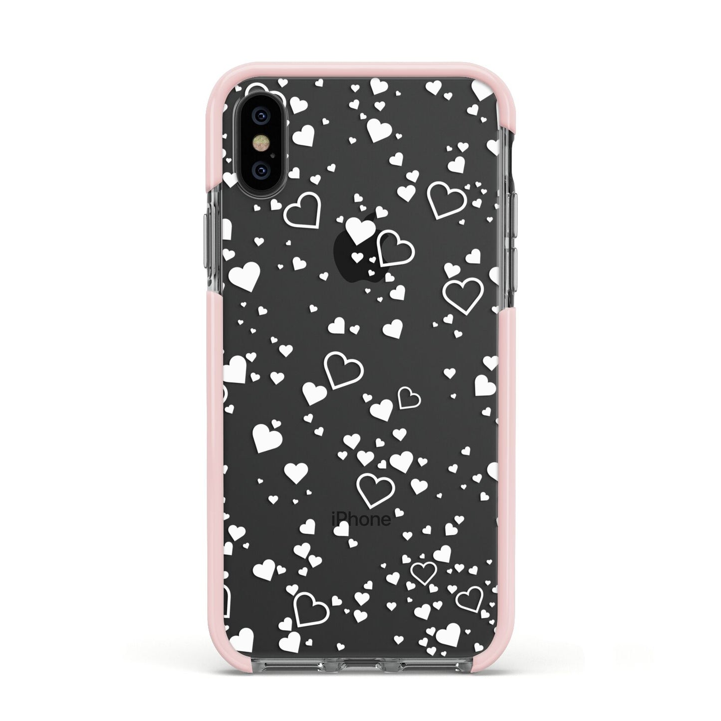 White Heart Apple iPhone Xs Impact Case Pink Edge on Black Phone