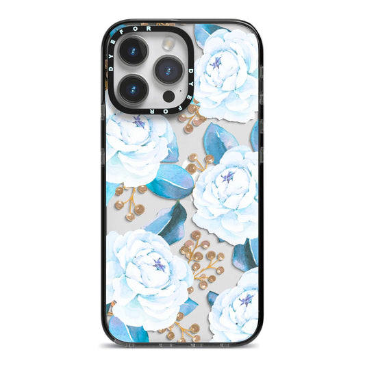 White Peonies iPhone 14 Pro Max Black Impact Case on Silver phone