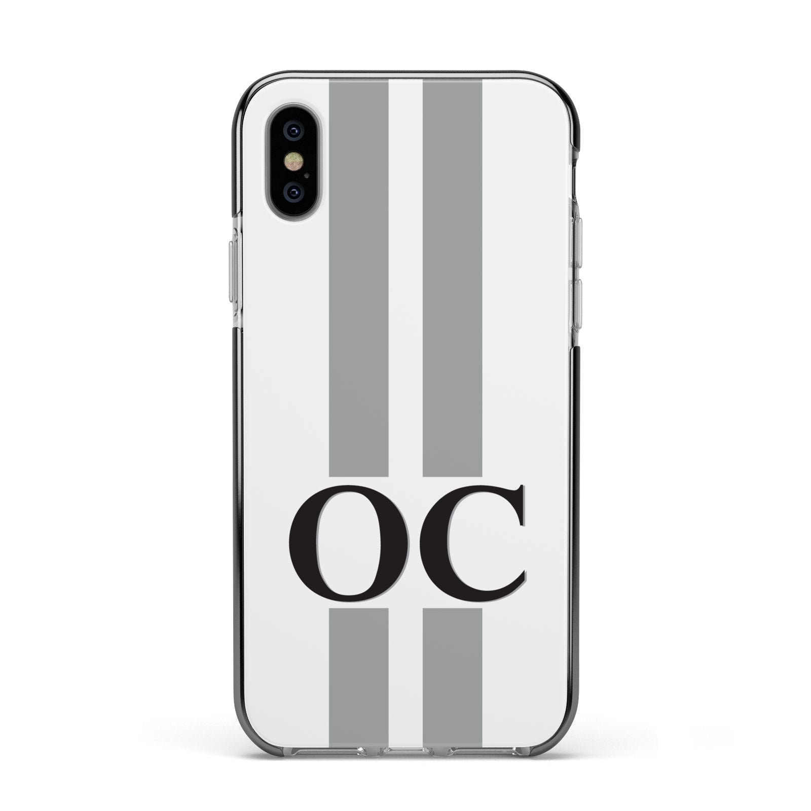 White Personalised Initials Apple iPhone Xs Impact Case Black Edge on Silver Phone