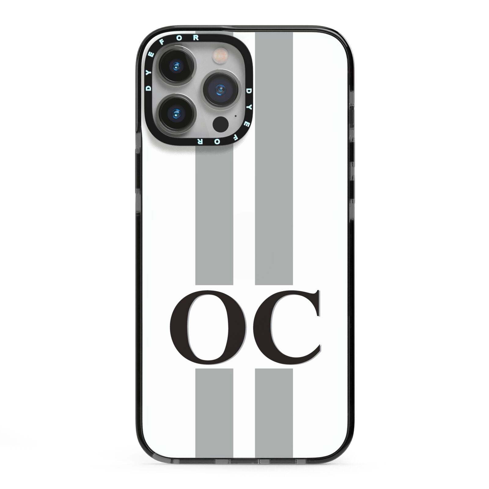 White Personalised Initials iPhone 13 Pro Max Black Impact Case on Silver phone