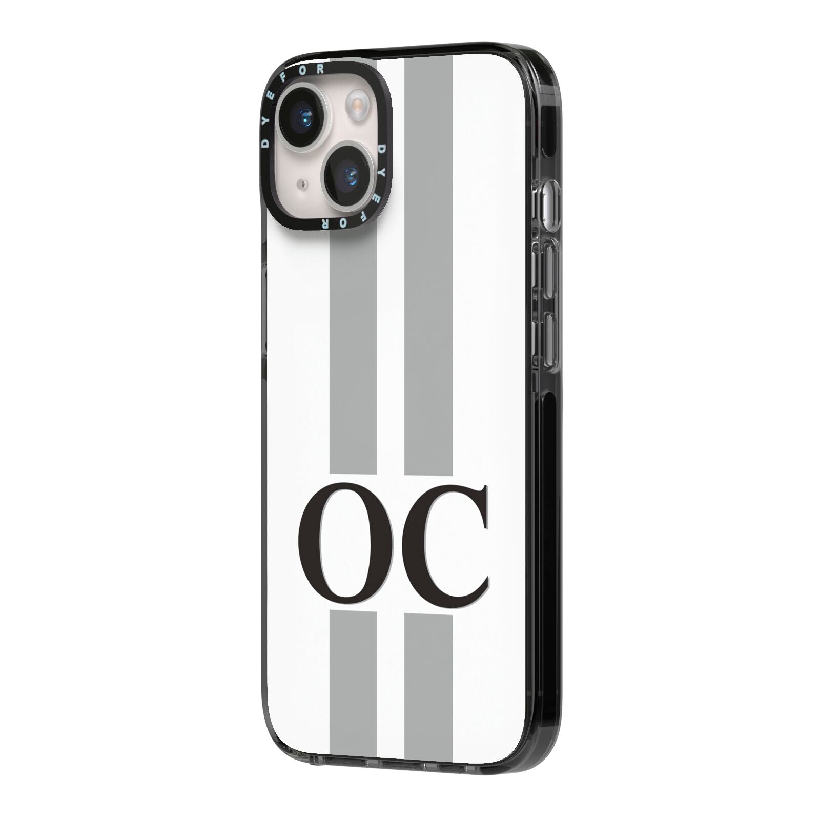 White Personalised Initials iPhone 14 Black Impact Case Side Angle on Silver phone