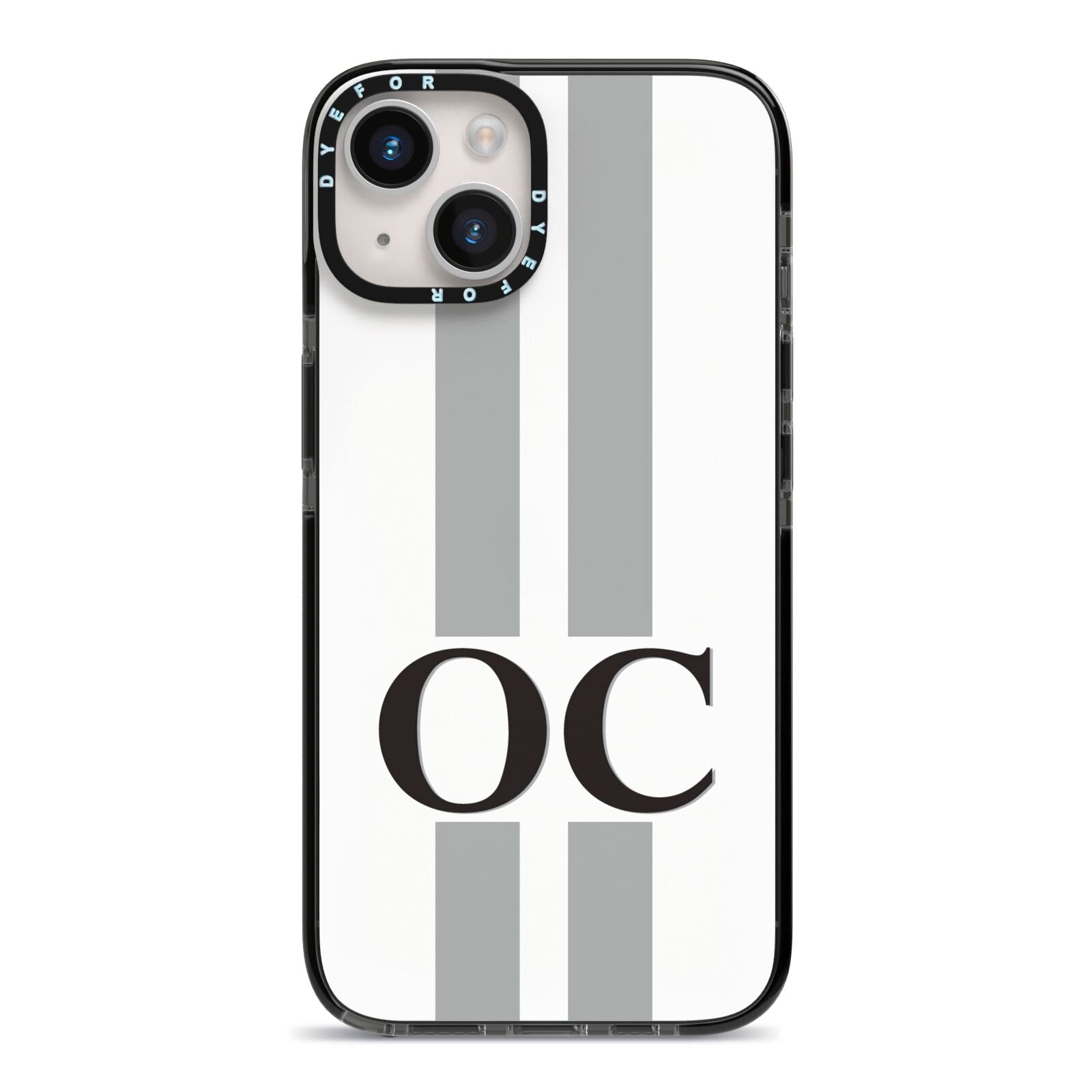 White Personalised Initials iPhone 14 Black Impact Case on Silver phone