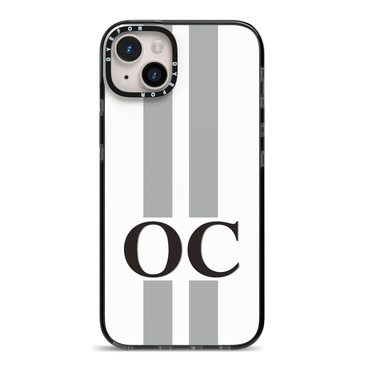 White Personalised Initials iPhone 14 Plus Black Impact Case on Silver phone