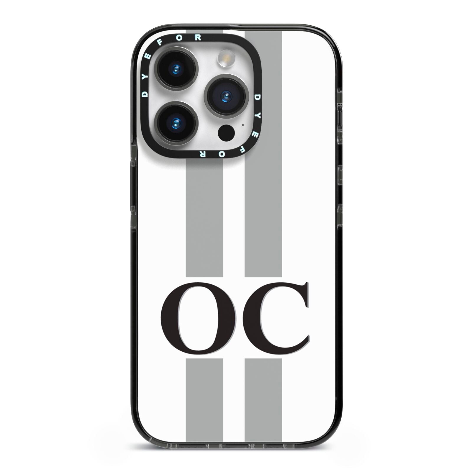 White Personalised Initials iPhone 14 Pro Black Impact Case on Silver phone