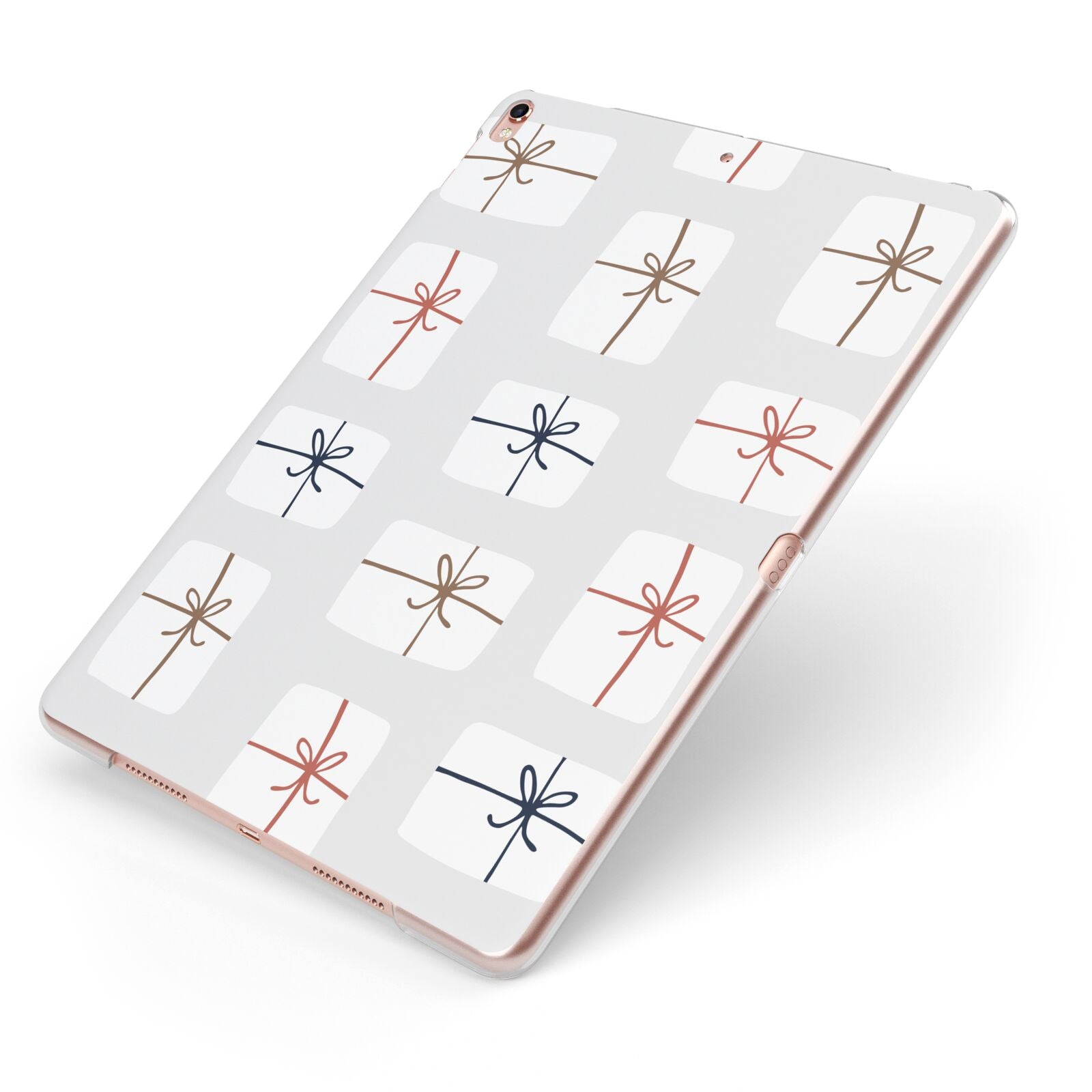 White Presents Apple iPad Case on Rose Gold iPad Side View