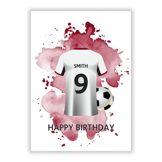 White Red Personalised Football Shirt A5 Flat Greetings Card