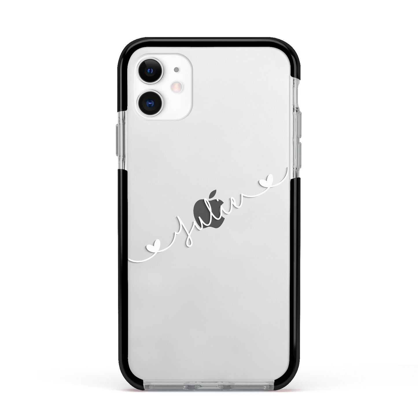 White Sloped Handwritten Name Apple iPhone 11 in White with Black Impact Case