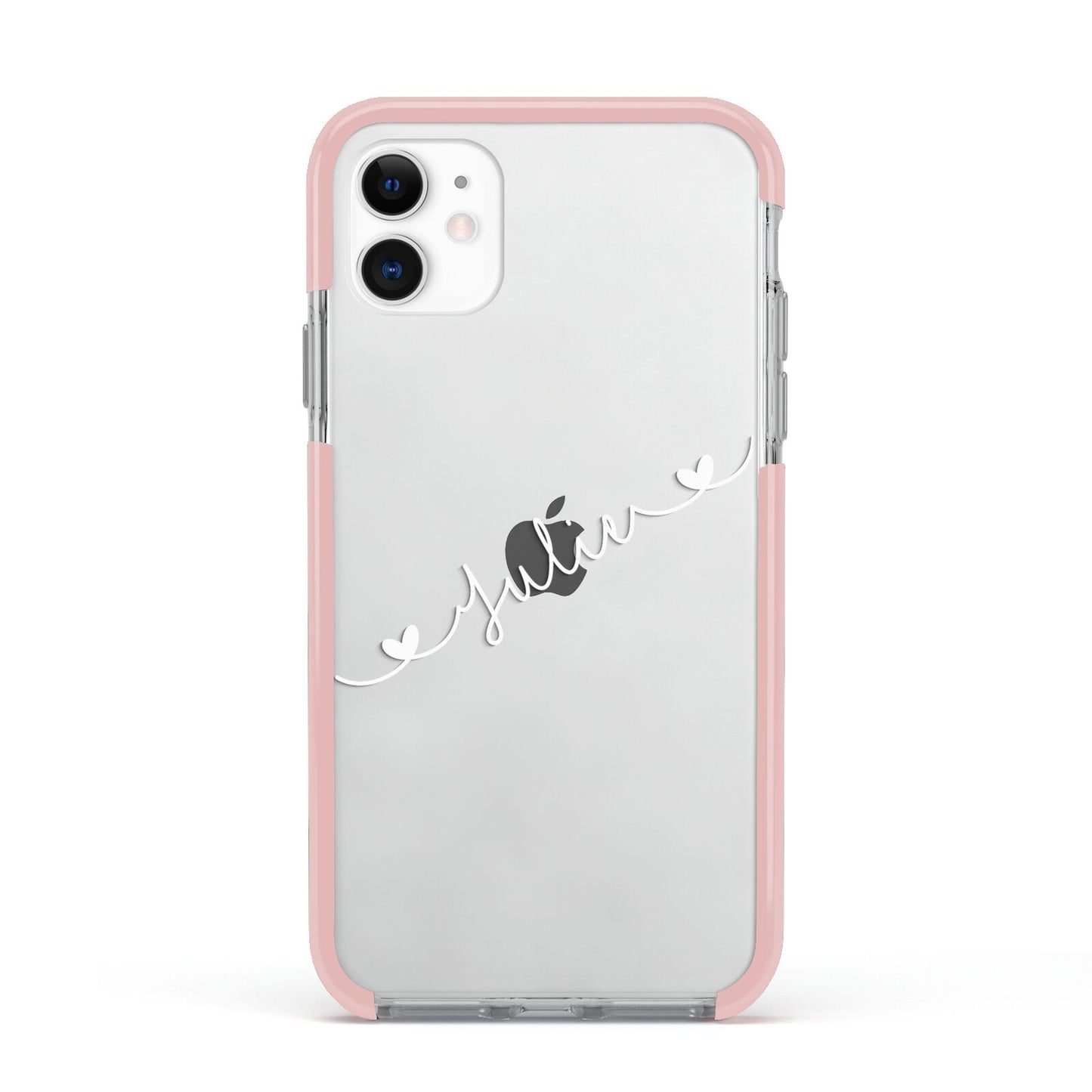 White Sloped Handwritten Name Apple iPhone 11 in White with Pink Impact Case