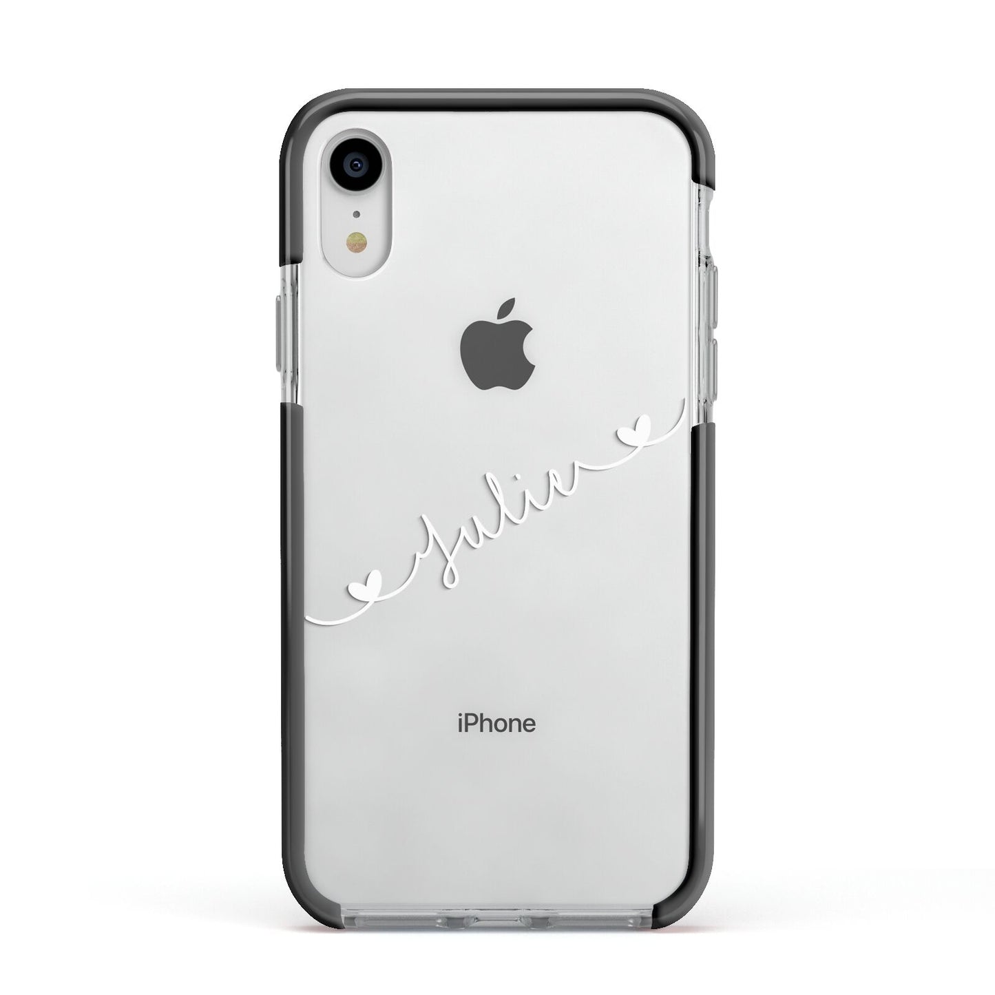 White Sloped Handwritten Name Apple iPhone XR Impact Case Black Edge on Silver Phone