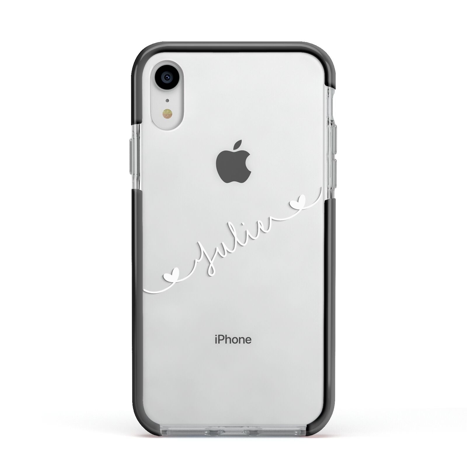 White Sloped Handwritten Name Apple iPhone XR Impact Case Black Edge on Silver Phone