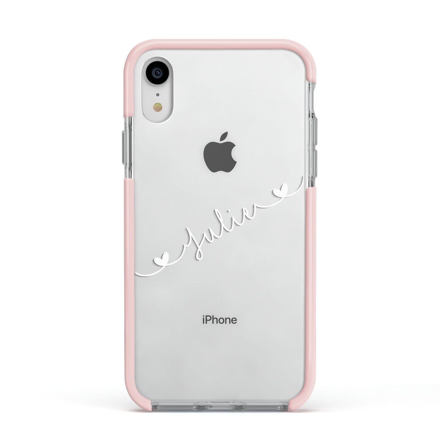White Sloped Handwritten Name Apple iPhone XR Impact Case Pink Edge on Silver Phone