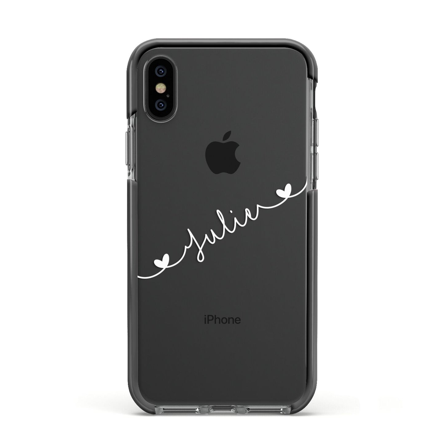 White Sloped Handwritten Name Apple iPhone Xs Impact Case Black Edge on Black Phone