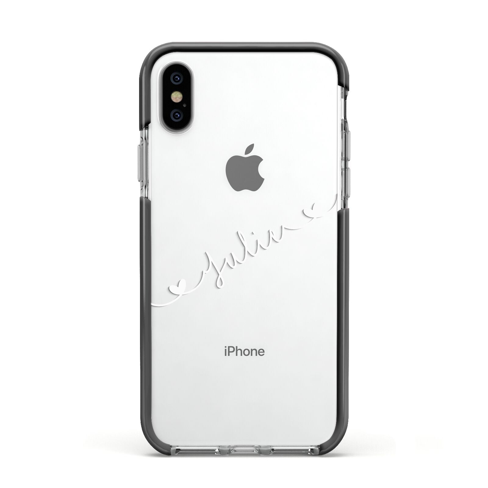 White Sloped Handwritten Name Apple iPhone Xs Impact Case Black Edge on Silver Phone