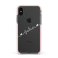 White Sloped Handwritten Name Apple iPhone Xs Impact Case Pink Edge on Black Phone