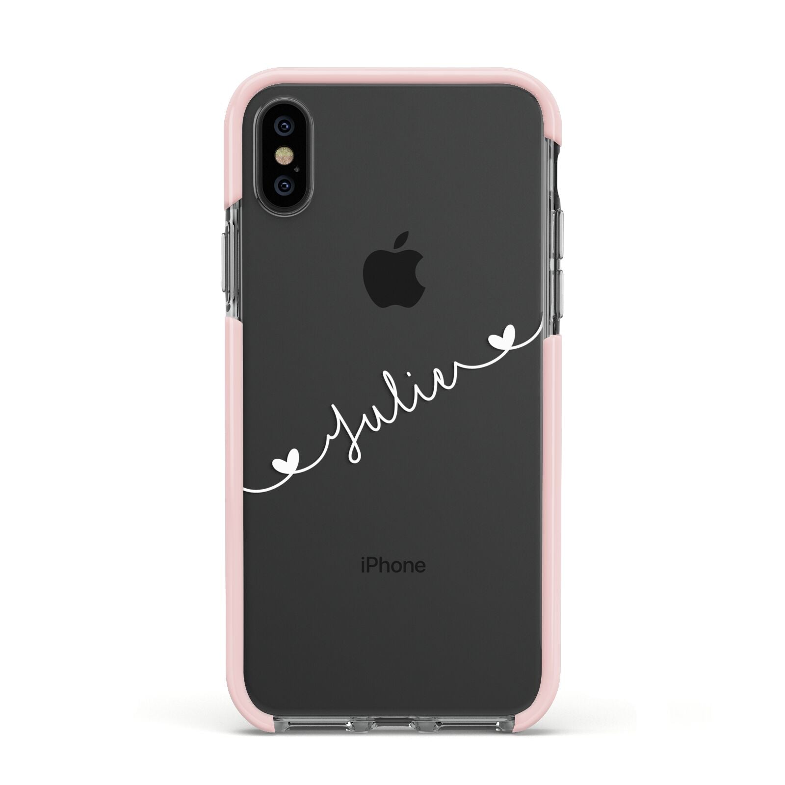 White Sloped Handwritten Name Apple iPhone Xs Impact Case Pink Edge on Black Phone