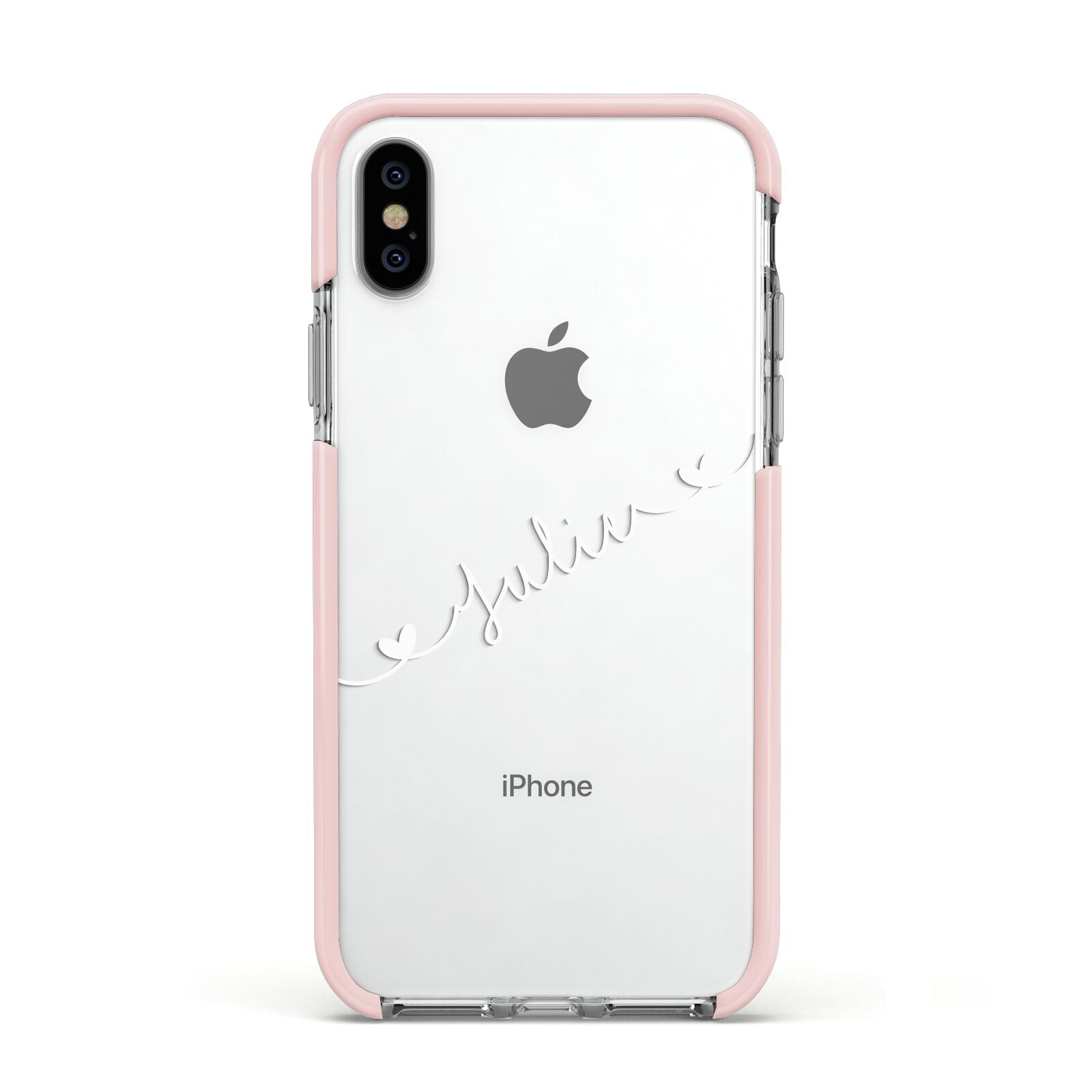White Sloped Handwritten Name Apple iPhone Xs Impact Case Pink Edge on Silver Phone