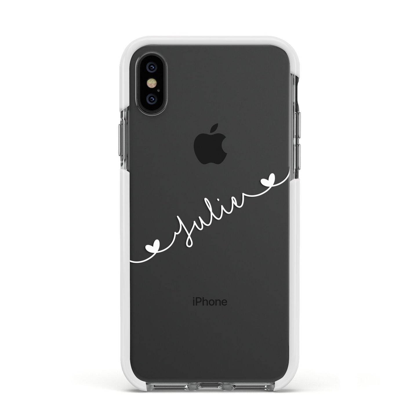White Sloped Handwritten Name Apple iPhone Xs Impact Case White Edge on Black Phone