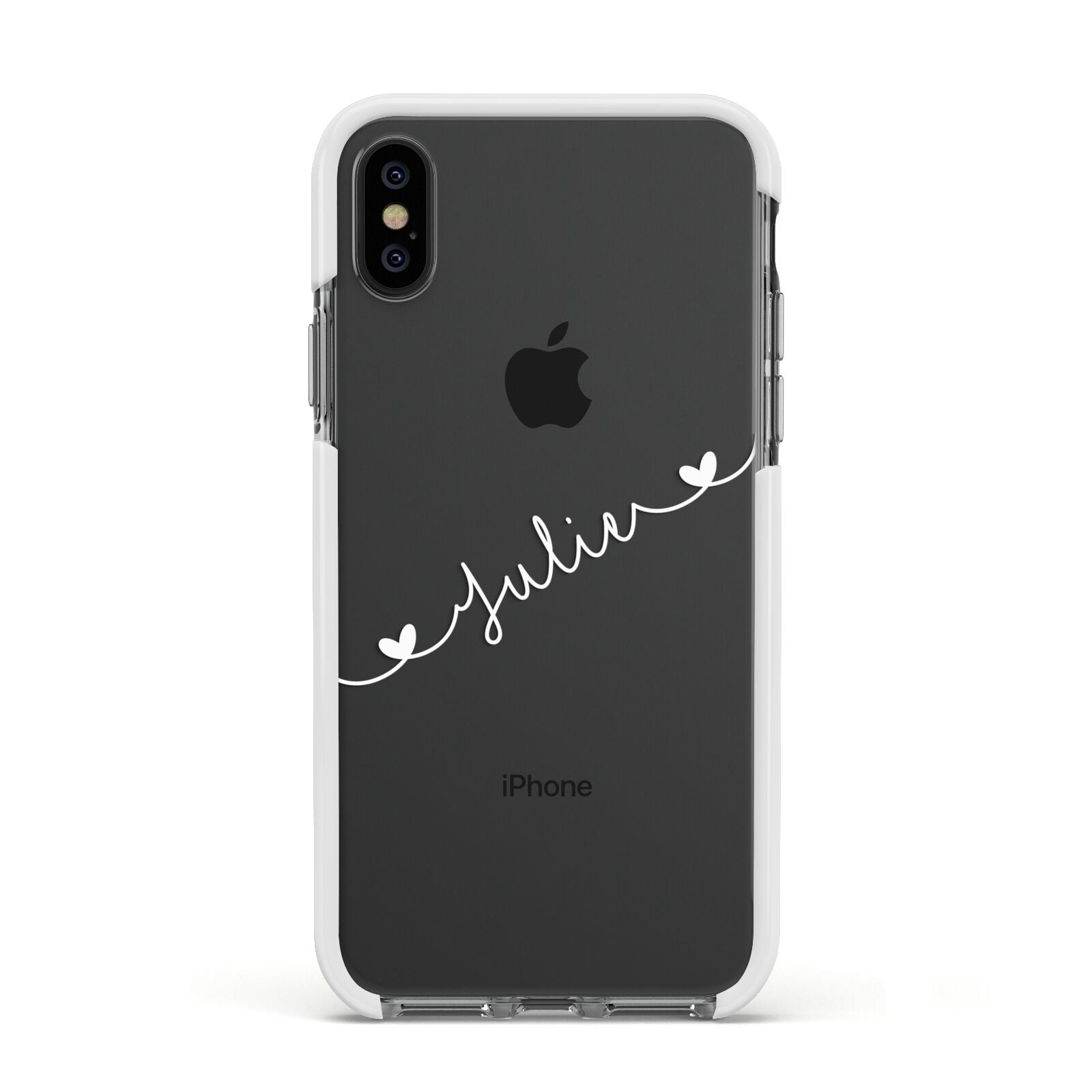 White Sloped Handwritten Name Apple iPhone Xs Impact Case White Edge on Black Phone