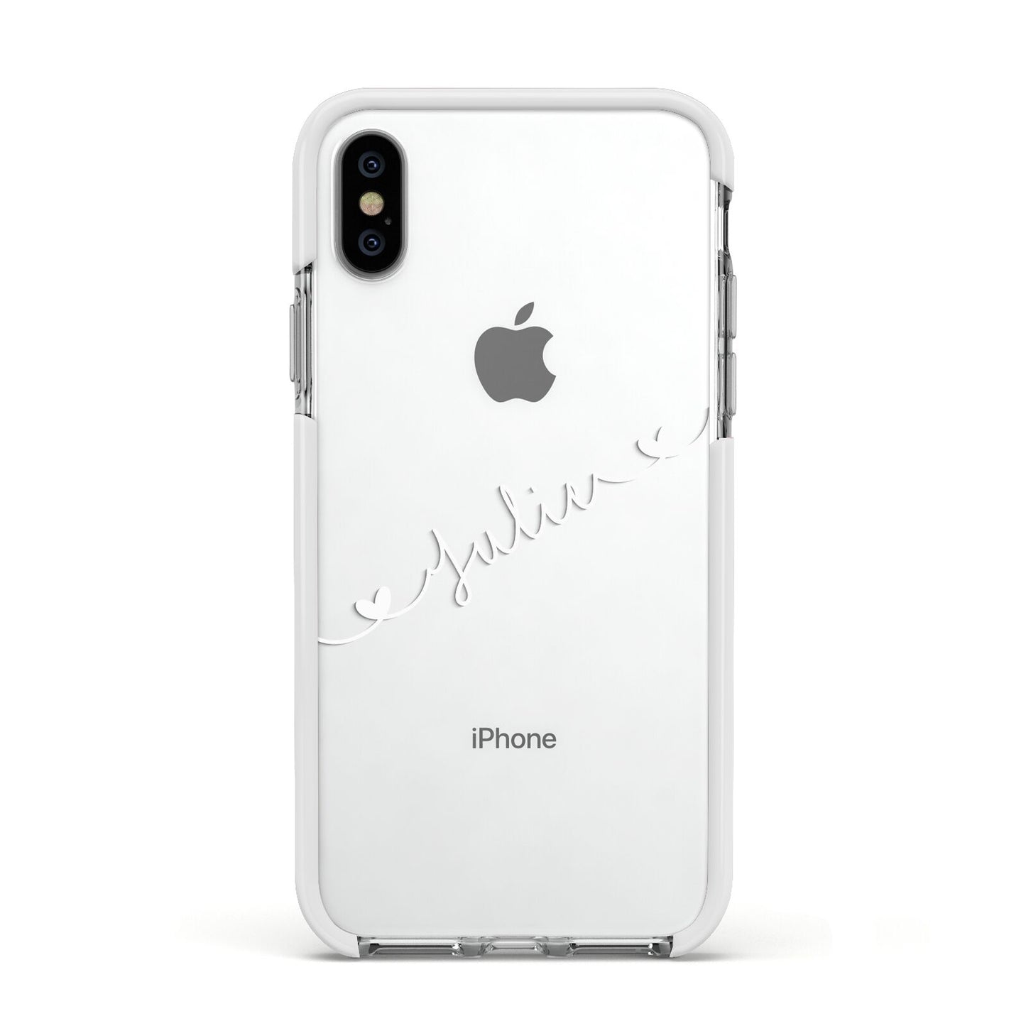 White Sloped Handwritten Name Apple iPhone Xs Impact Case White Edge on Silver Phone