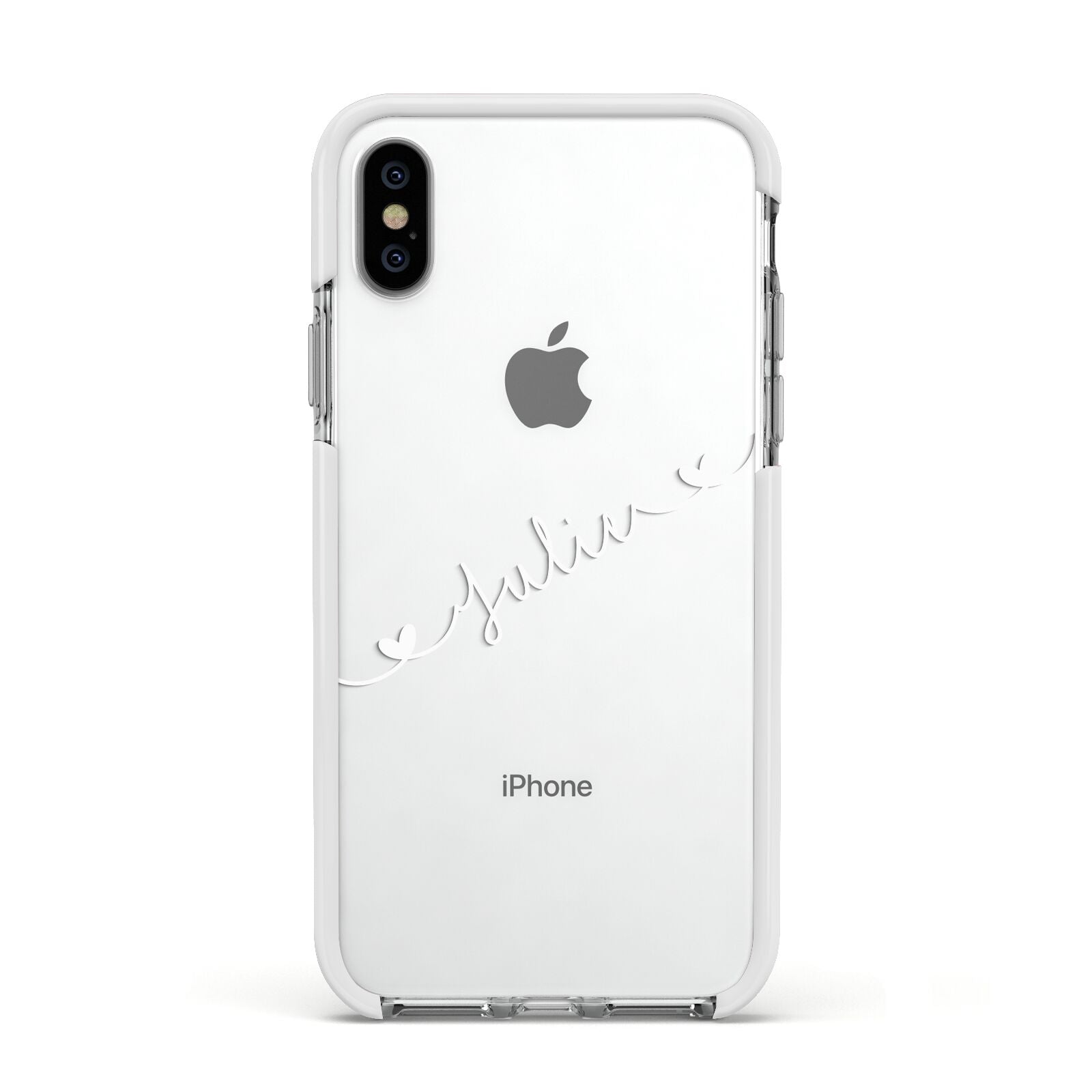 White Sloped Handwritten Name Apple iPhone Xs Impact Case White Edge on Silver Phone