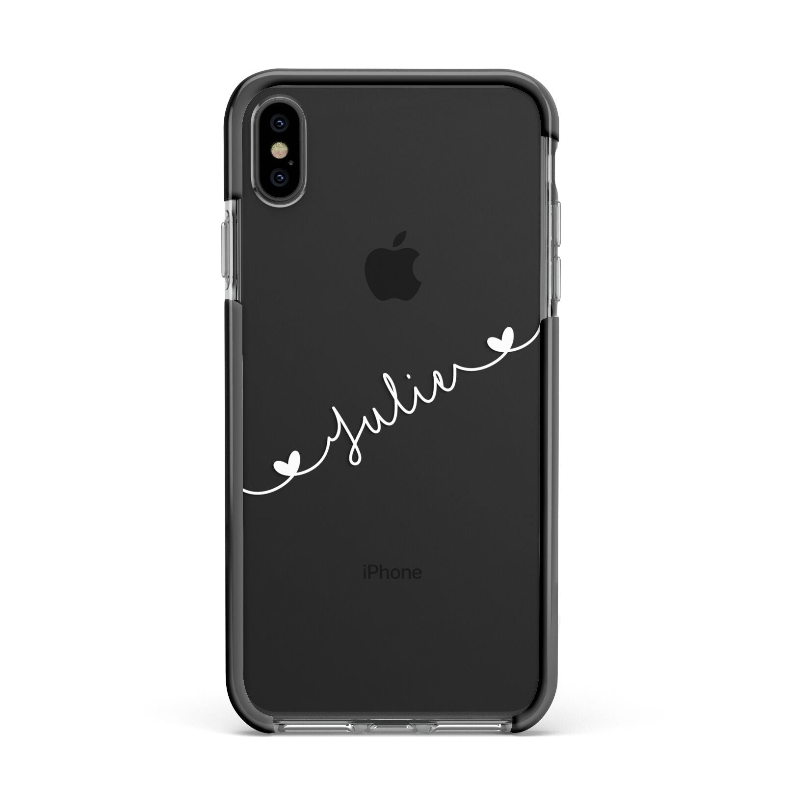 White Sloped Handwritten Name Apple iPhone Xs Max Impact Case Black Edge on Black Phone