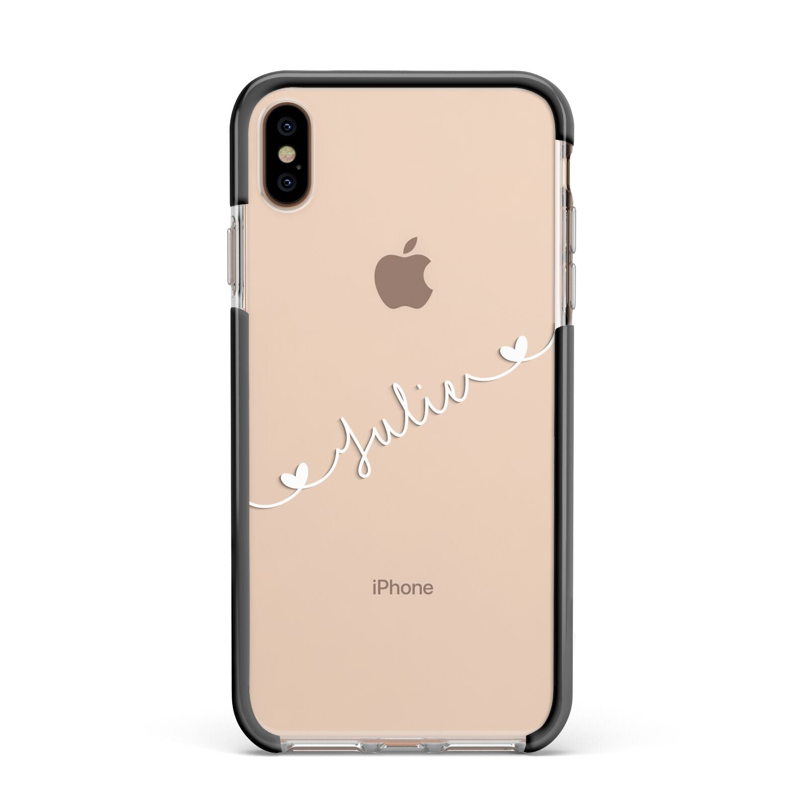 White Sloped Handwritten Name Apple iPhone Xs Max Impact Case Black Edge on Gold Phone