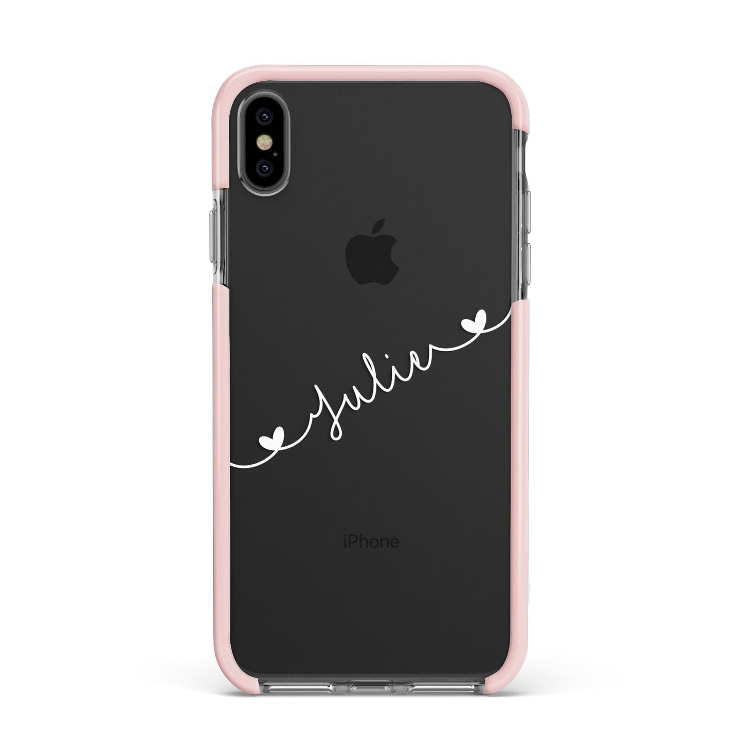 White Sloped Handwritten Name Apple iPhone Xs Max Impact Case Pink Edge on Black Phone