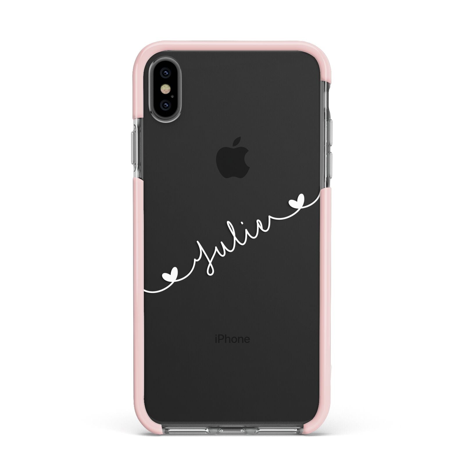White Sloped Handwritten Name Apple iPhone Xs Max Impact Case Pink Edge on Black Phone