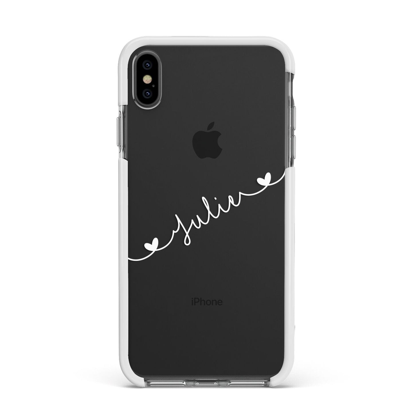 White Sloped Handwritten Name Apple iPhone Xs Max Impact Case White Edge on Black Phone