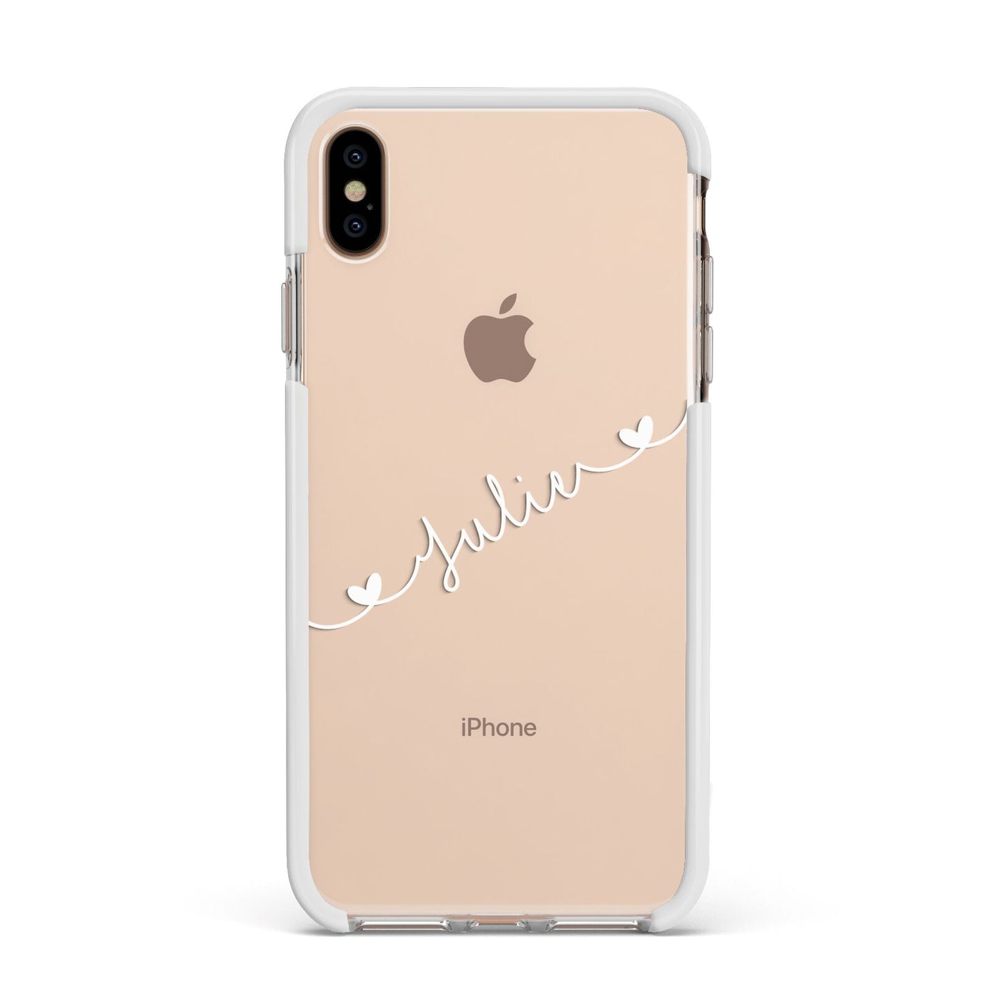 White Sloped Handwritten Name Apple iPhone Xs Max Impact Case White Edge on Gold Phone