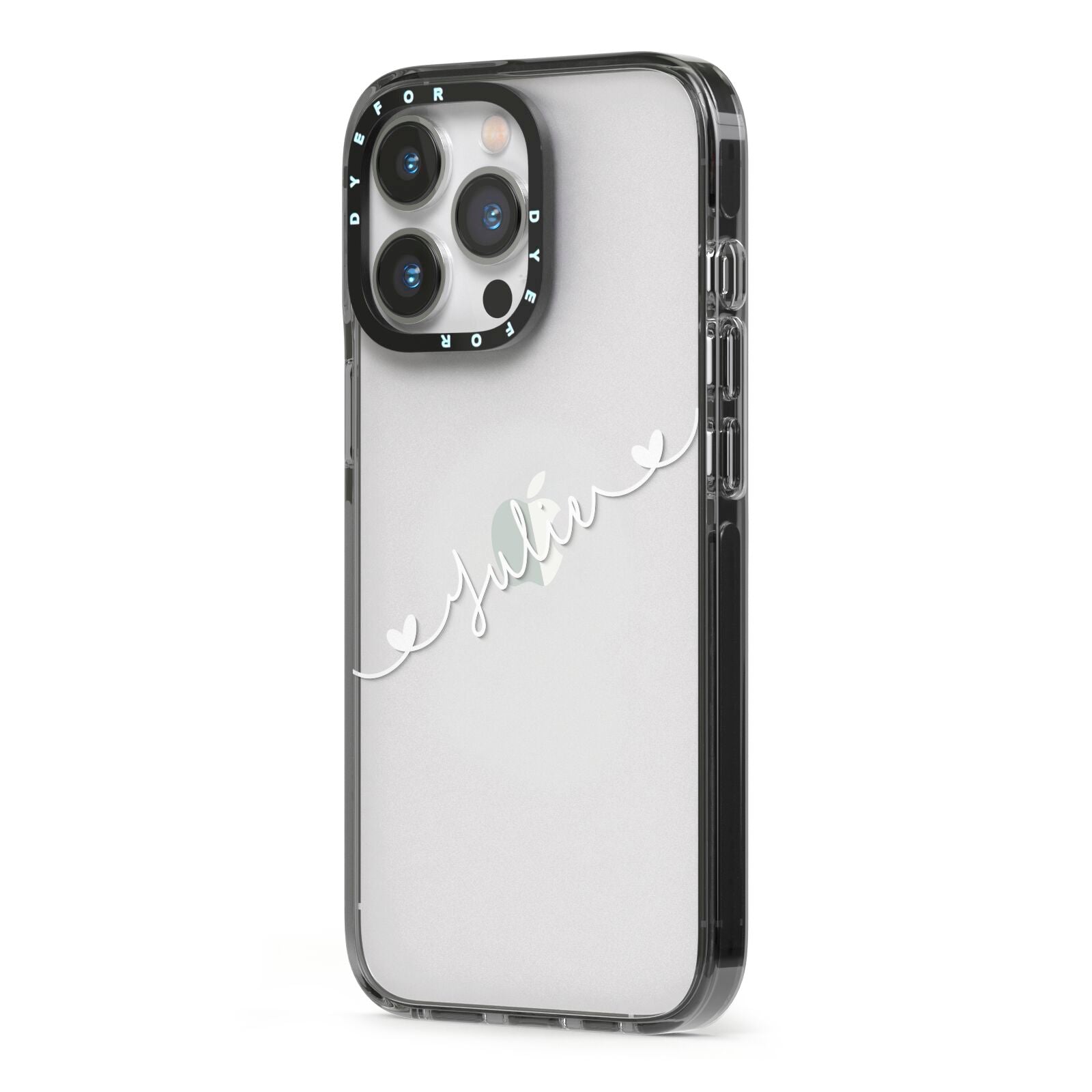 White Sloped Handwritten Name iPhone 13 Pro Black Impact Case Side Angle on Silver phone