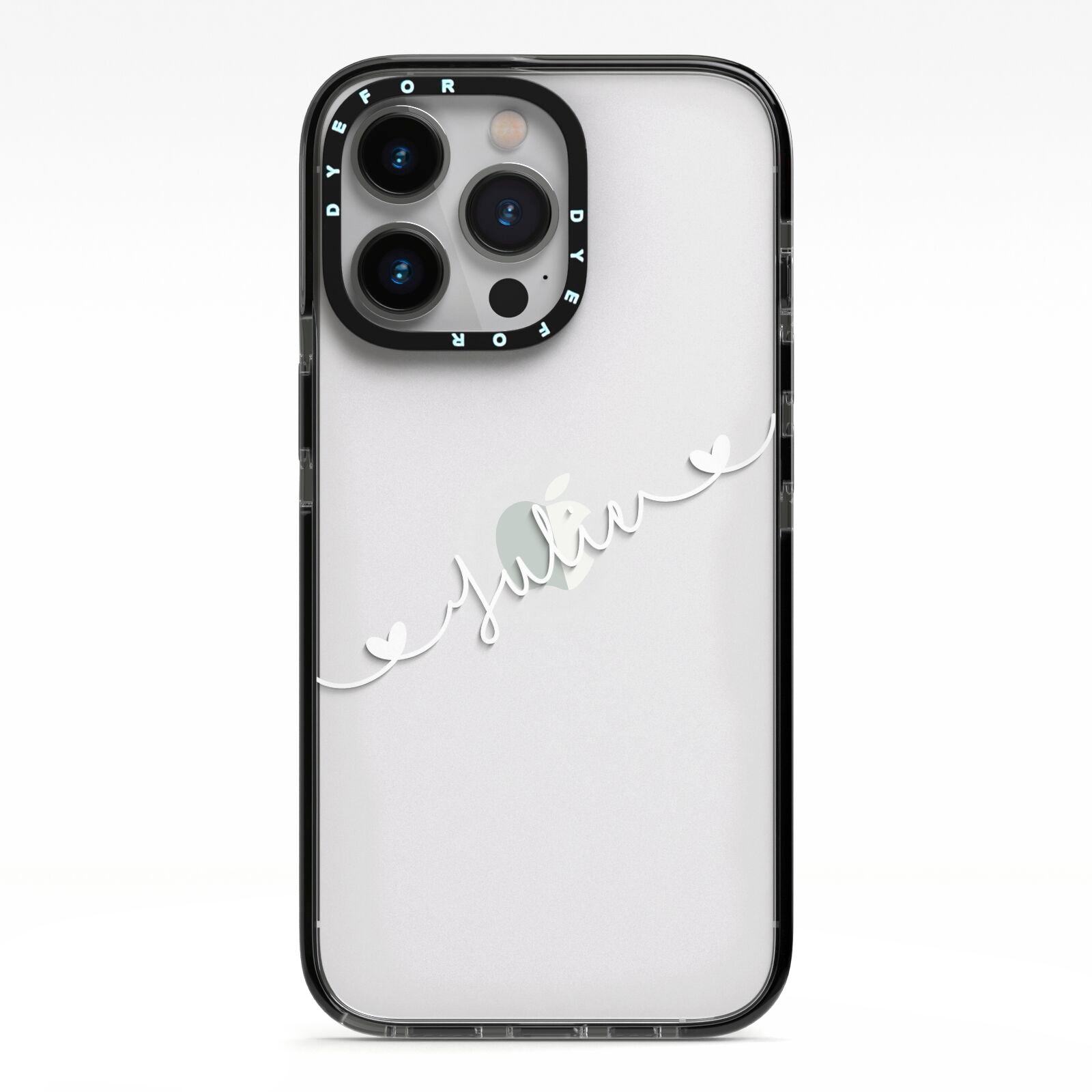 White Sloped Handwritten Name iPhone 13 Pro Black Impact Case on Silver phone