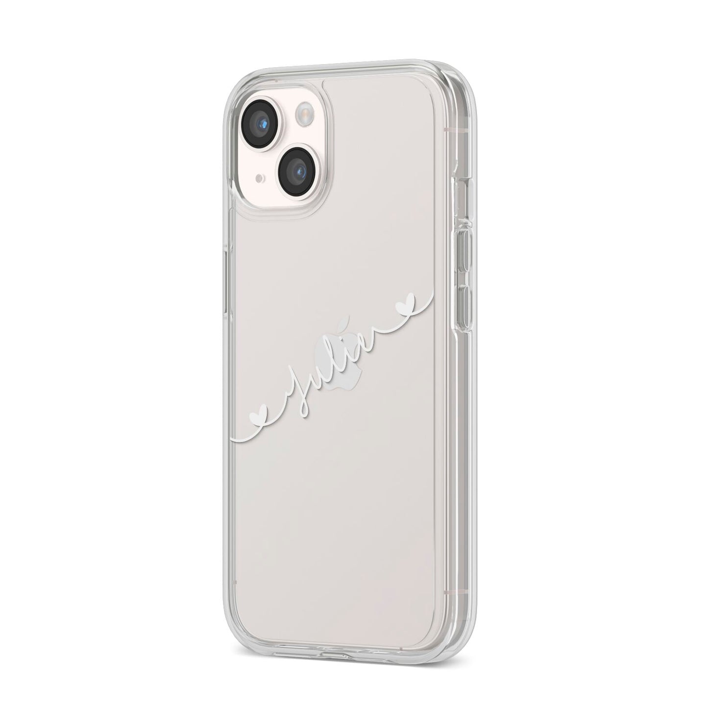 White Sloped Handwritten Name iPhone 14 Clear Tough Case Starlight Angled Image