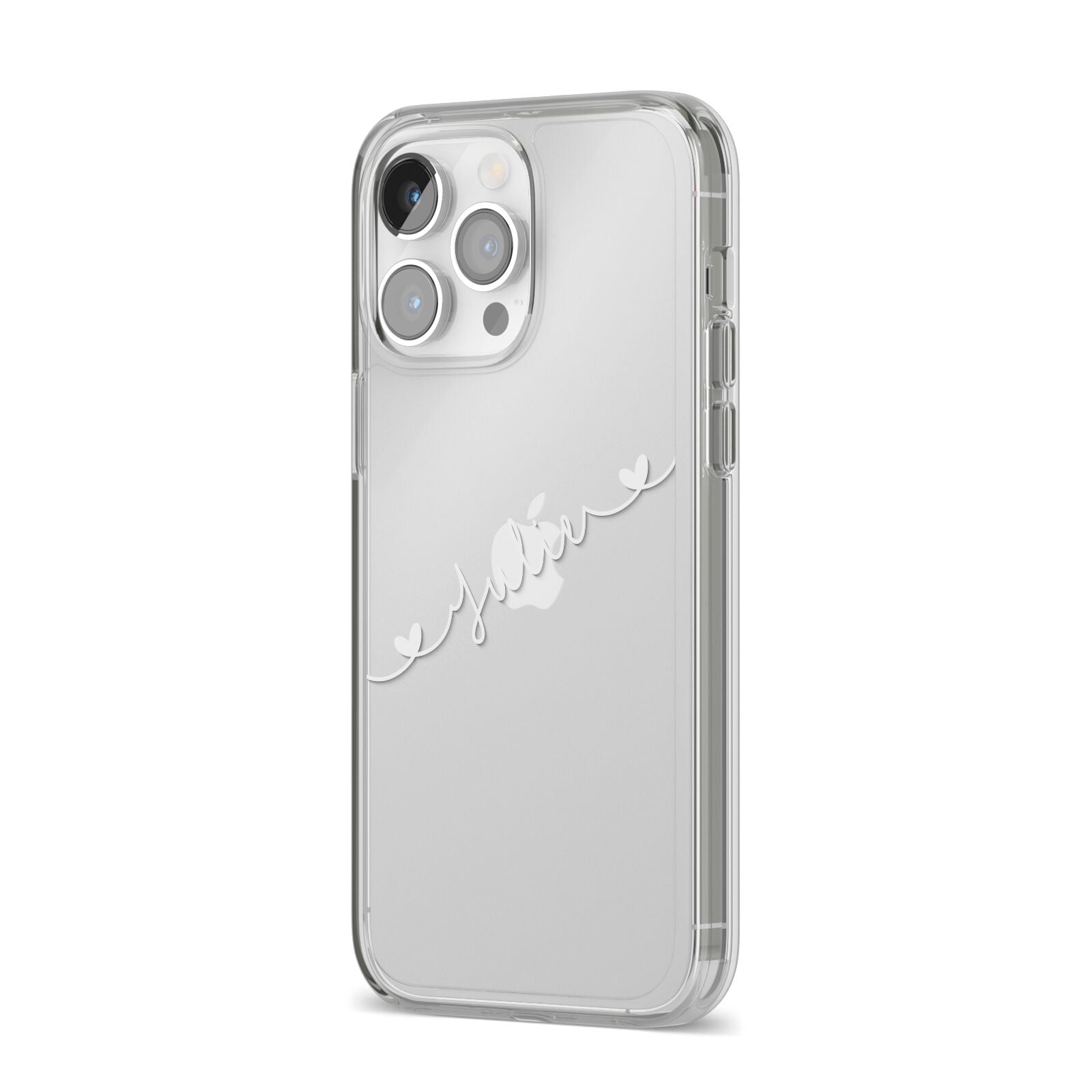 White Sloped Handwritten Name iPhone 14 Pro Max Clear Tough Case Silver Angled Image
