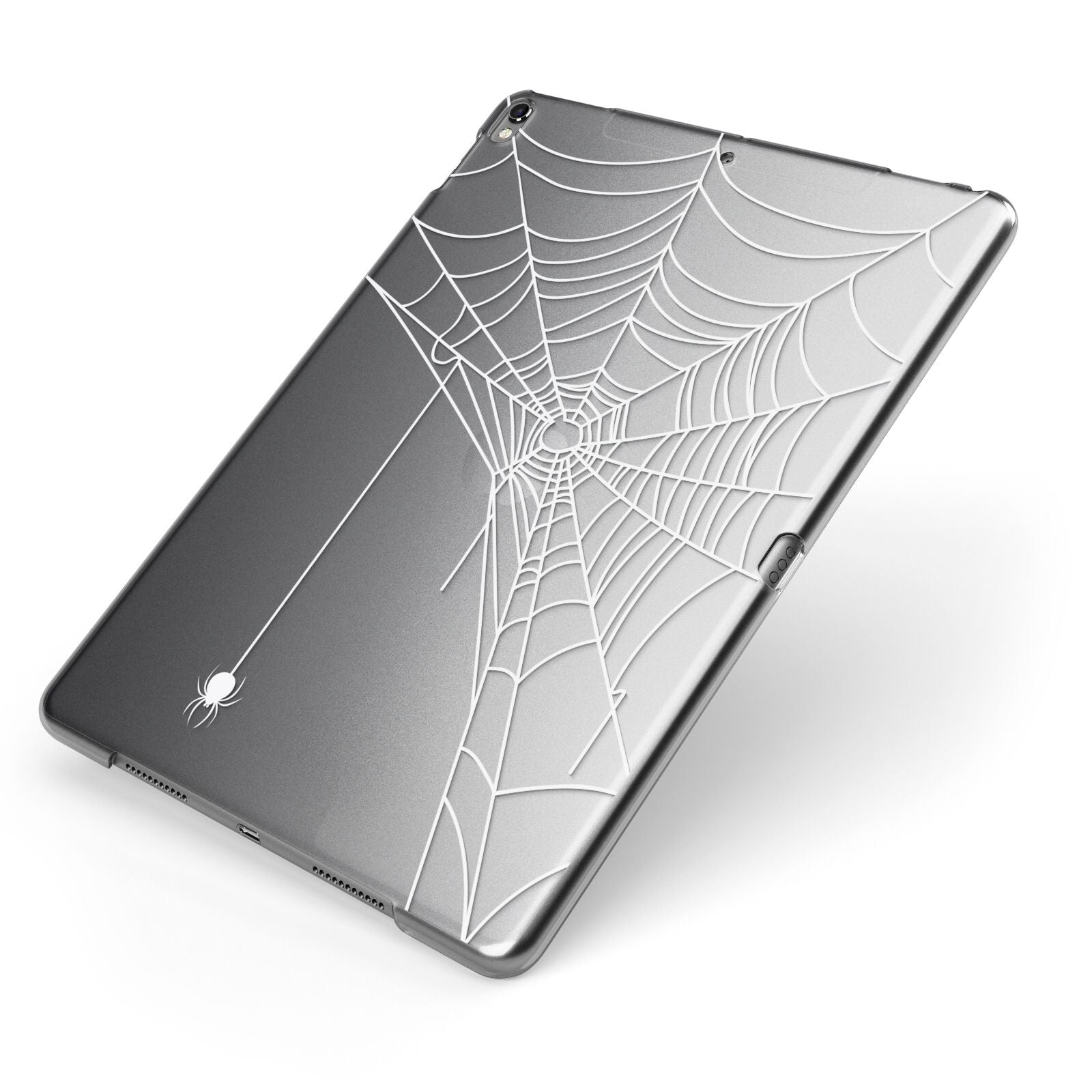 White Spiders Web with Transparent Background Apple iPad Case on Grey iPad Side View